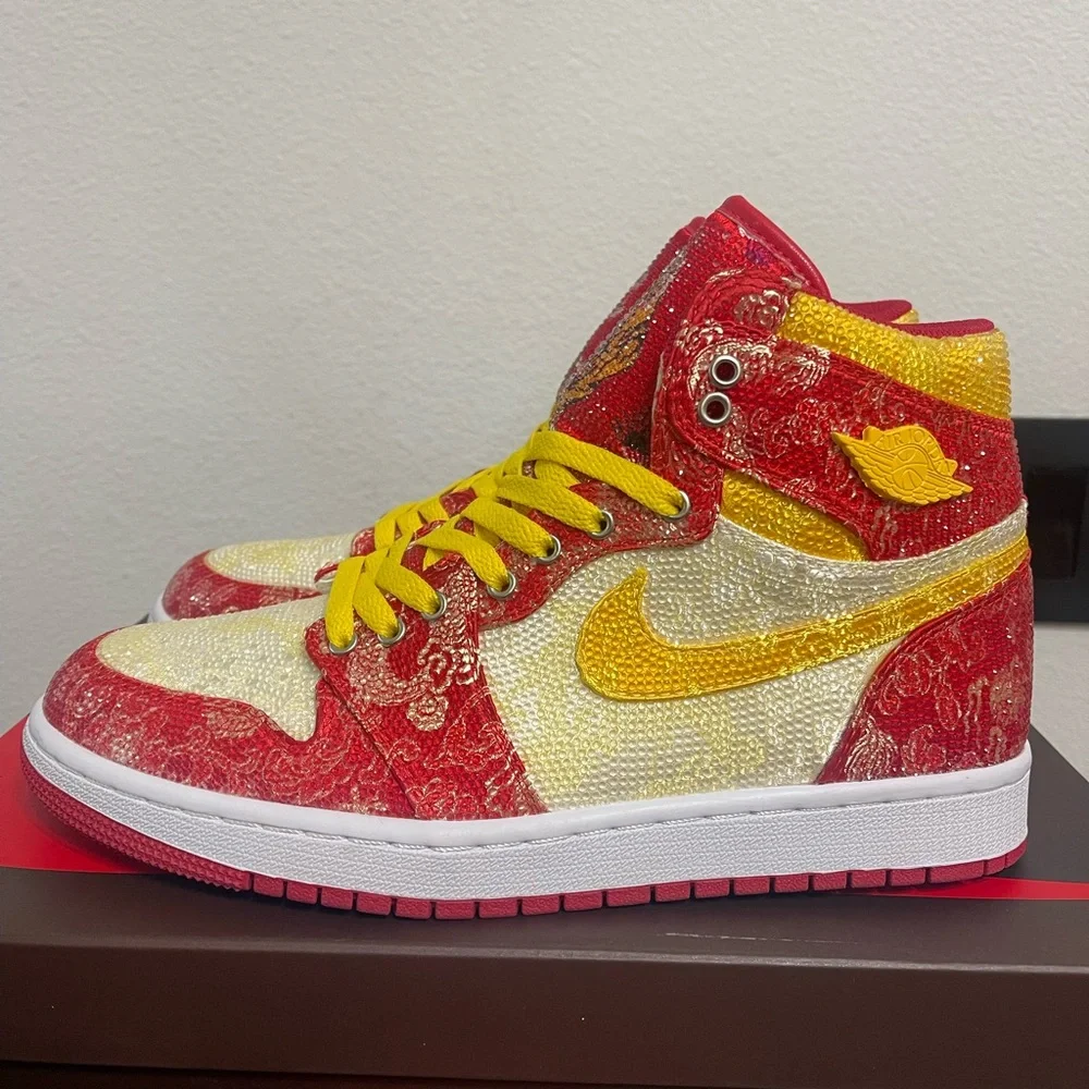 Custom Red, Yellow Rhinestone Crystal Nike Air Jordan Sneakers,Size Euro 41,